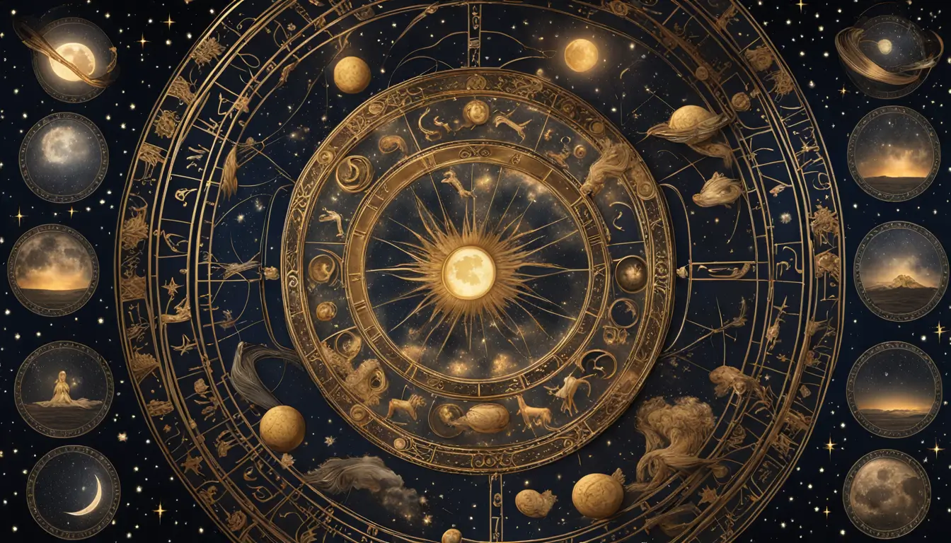 Imagem de uma roda do zodíaco dourada em um céu estrelado com lua cheia, representando as previsões dos signos para o horóscopo semanal.