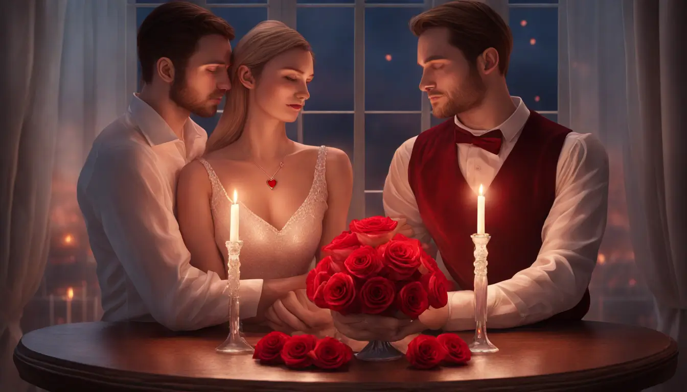 Casal de mãos dadas sobre mesa com velas, rosas vermelhas e coração de cristal, simbolizando rituais de amor.