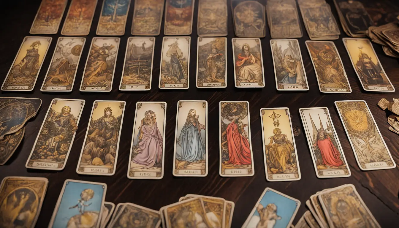 Imagem de um baralho de Tarot de Marselha espalhado sobre uma mesa de madeira escura, destacando os Arcanos Maiores.