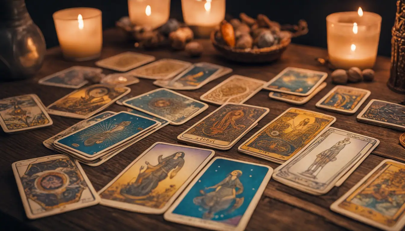 Imagem de uma mesa de madeira com cartas de tarô espalhadas, destacando os arcanos maiores, perfeita para entender e interpretar o tarô.