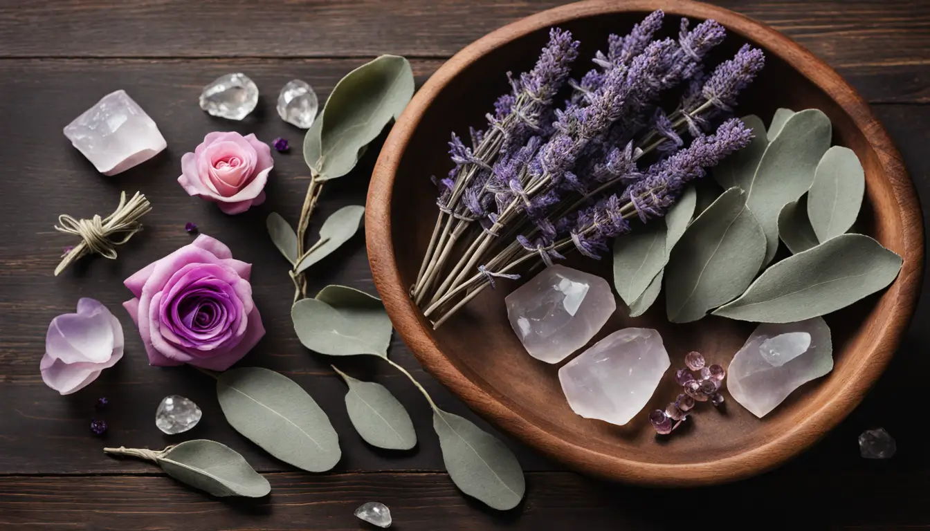 Ingredientes naturais como lavanda, pétalas de rosa e folhas de eucalipto em uma tigela de madeira, com um bastão de sálvia branca e quartzo cristal ao lado.