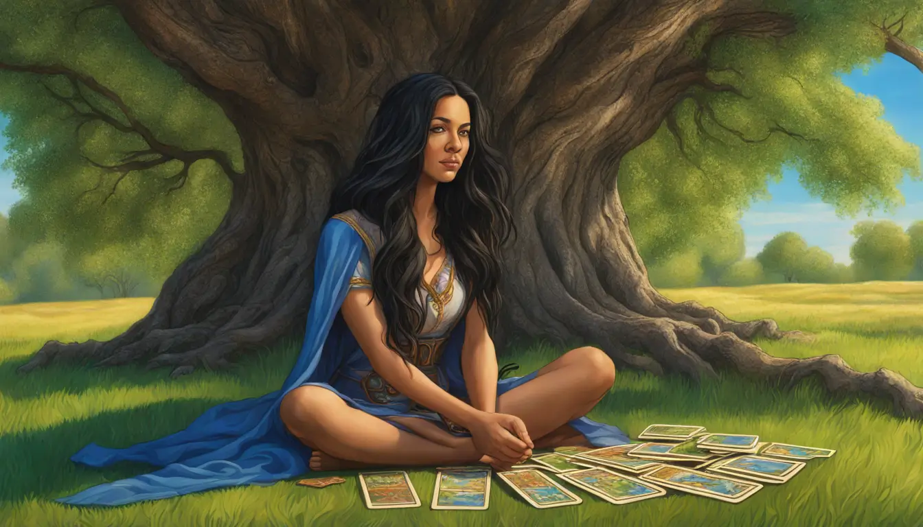 Mulher meditando com cartas de tarô em um campo verde, simbolizando autoconhecimento através de oráculos.