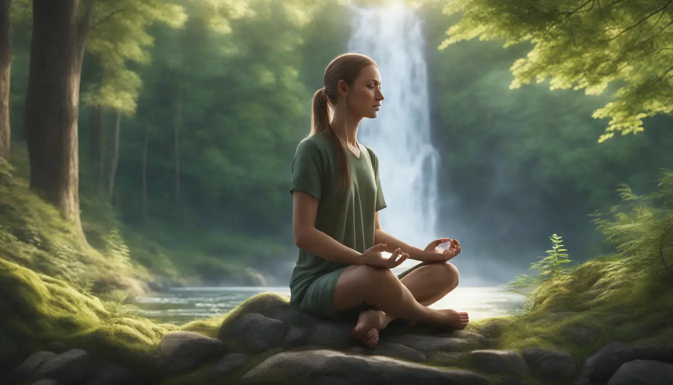 Jovem adulto meditando sentado em posição de lótus em uma clareira tranquila com uma cachoeira ao fundo, rodeado por folhagem verde e luz solar suave.