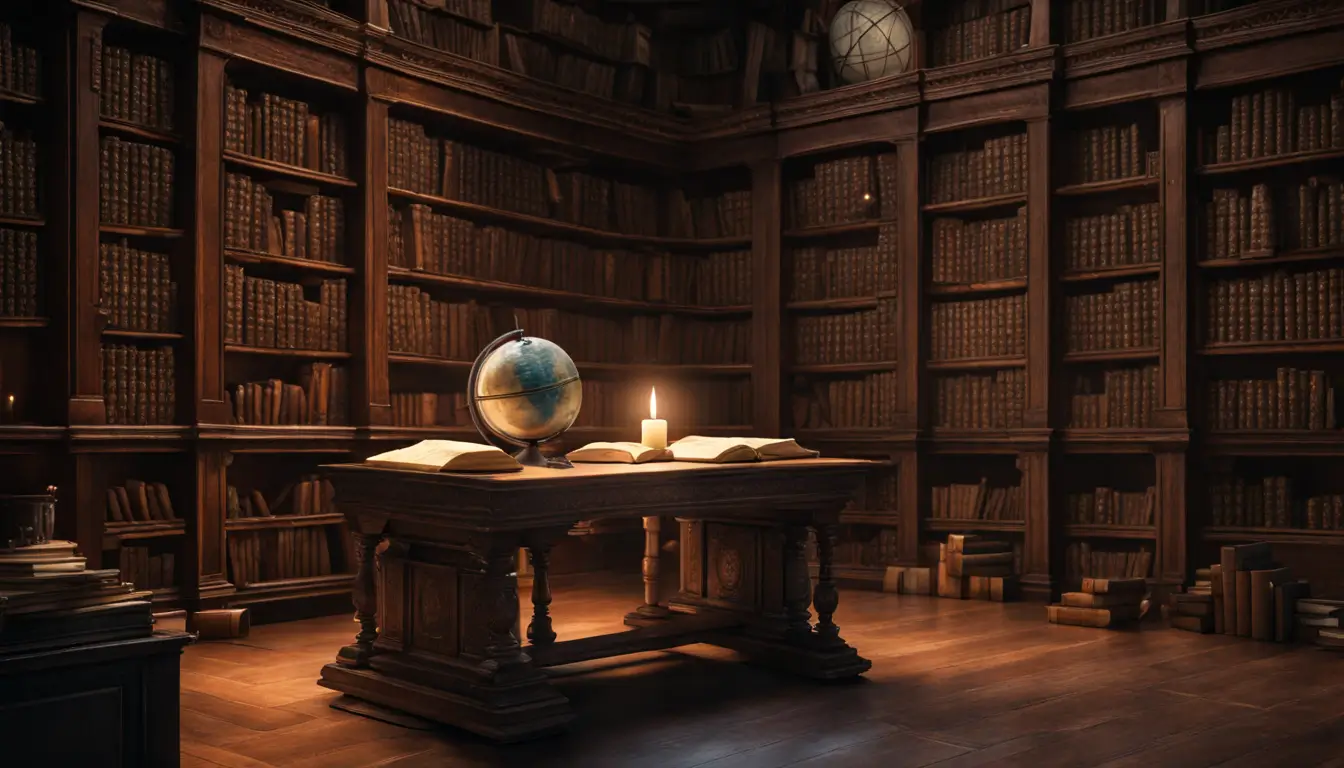 Imagem de uma mesa de madeira antiga com um livro aberto mostrando números e símbolos, um globo celestial ao lado em uma biblioteca escura.