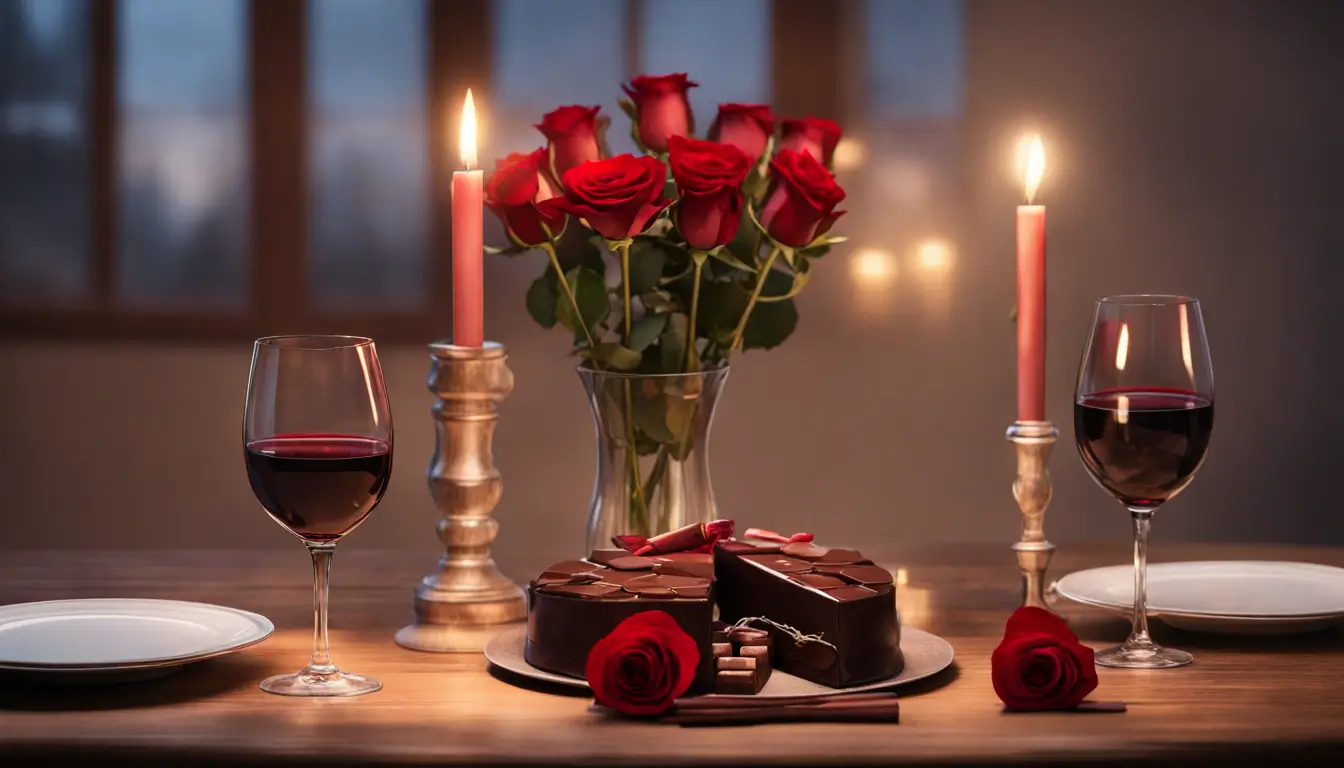 Mesa romântica à luz de velas com rosas vermelhas, caixa de chocolates em forma de coração e taças de vinho, ideal para melhorar a vida amorosa.