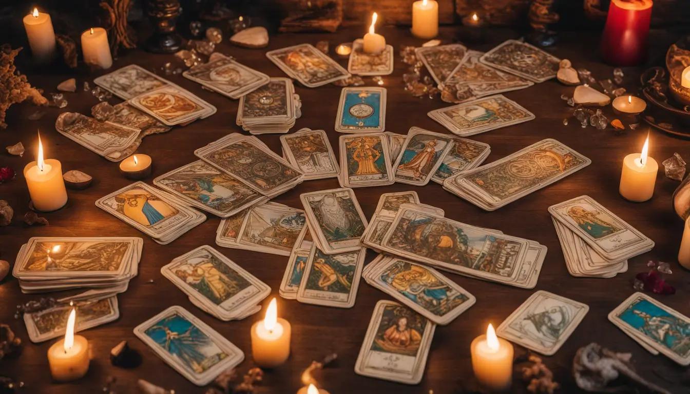 Imagem de um conjunto de cartas de Tarô de Marselha coloridas e detalhadas, com velas e cristais ao redor, sobre uma mesa de madeira.