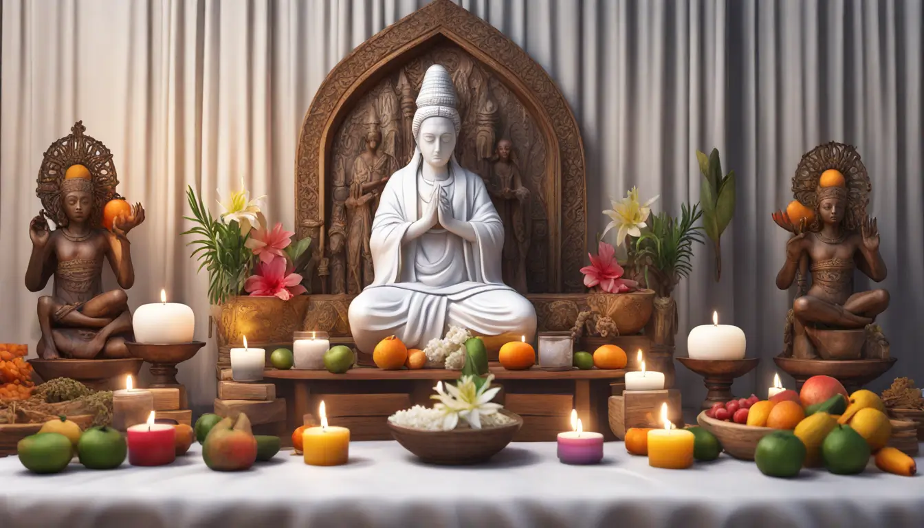 Altar de Umbanda com estatuetas coloridas de orixás, velas brancas acesas e oferendas de frutas e flores brancas.