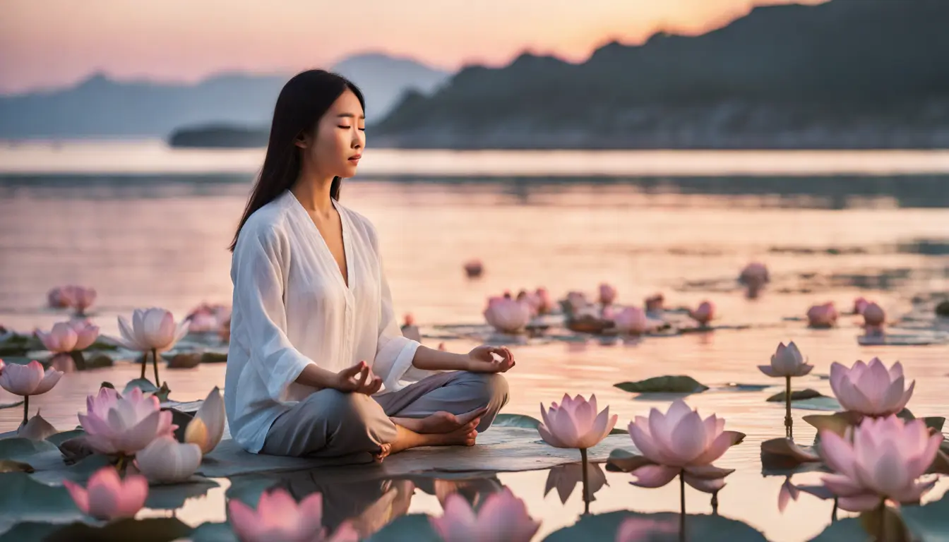 Mulher asiática meditando sentada em uma praia ao pôr do sol, cercada por flores de lótus coloridas, ilustrando técnicas de meditação para paz interior.