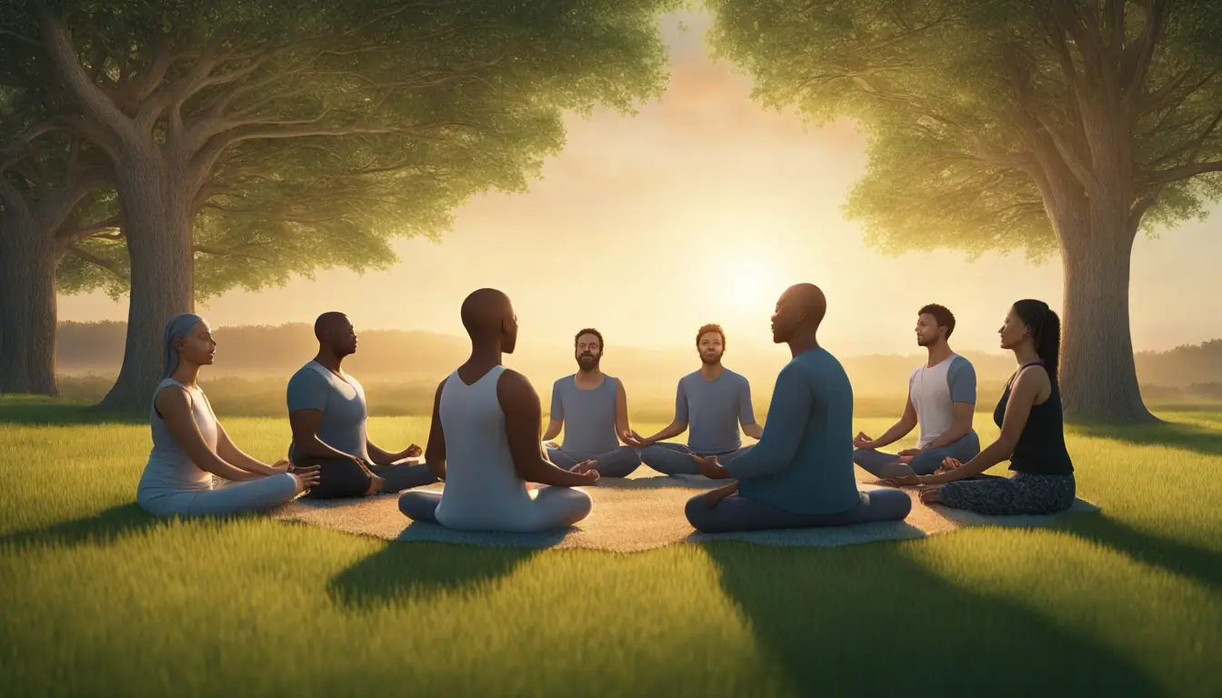 Grupo de cinco pessoas de diversas etnias meditando em um campo verde, cercado por árves, sob um céu azul claro ao pôr do sol.