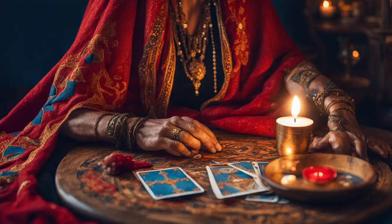 Cigana lendo cartas de tarô coloridas em uma tenda, com uma bola de cristal e vela acesa, evocando mistério e tradição.