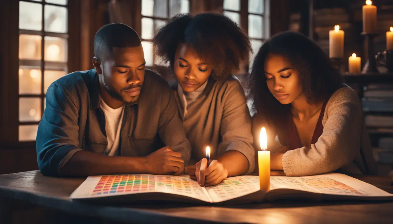 Casal de etnias diversas analisando gráficos de numerologia coloridos à luz de velas, simbolizando como os números influenciam relacionamentos.