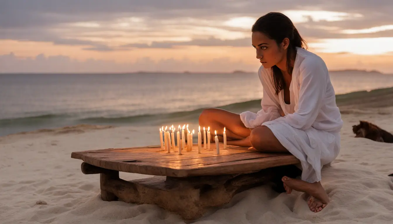 Pessoa consultando búzios em uma mesa com toalha branca, tabuleiro de jogo, velas e conchas, com uma janela ao fundo mostrando o mar ao entardecer.