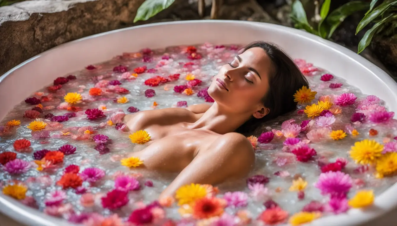 Pessoa em banheira de madeira com pétalas de flores, velas acesas e cristais de quartzo rosa, em meio à natureza, realçando o conceito de banhos energéticos.