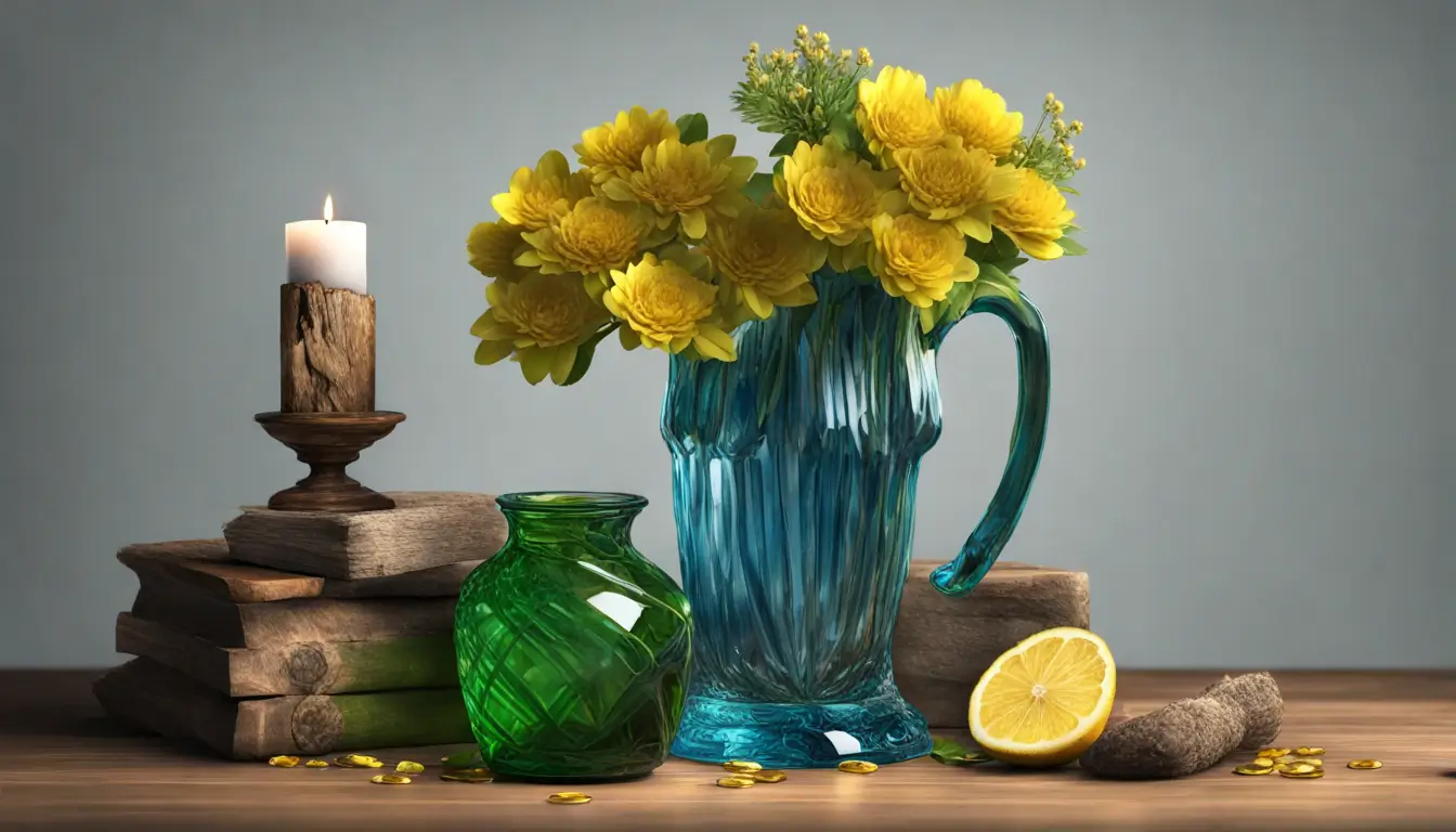 Mesa de madeira com moedas, flores amarelas, vela verde acesa e amuleto de olho grego, simbolizando simpatias para atrair dinheiro e prosperidade