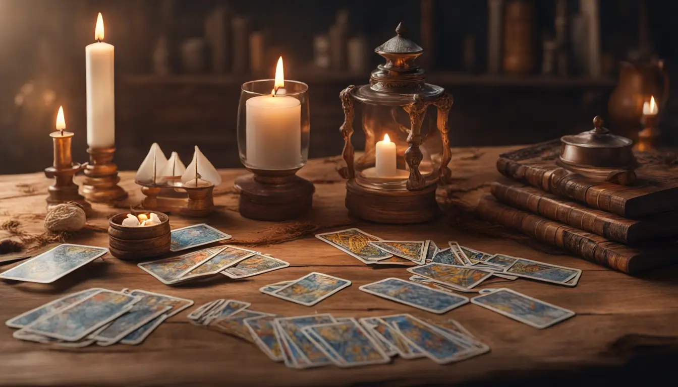 Imagem de uma mesa com cartas de tarot, vela acesa e cristal de quartzo, representando o uso do tarot para autoconhecimento.