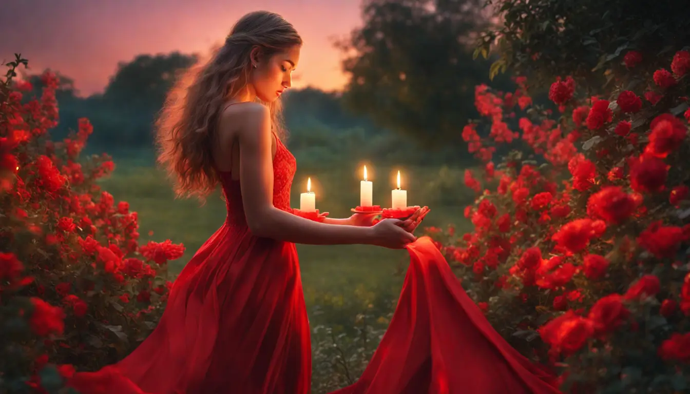 Mulher jovem de vestido vermelho segurando um coração brilhante, cercada por velas e flores coloridas em um jardim ao entardecer, simbolizando simpatias para encontrar o amor verdadeiro.