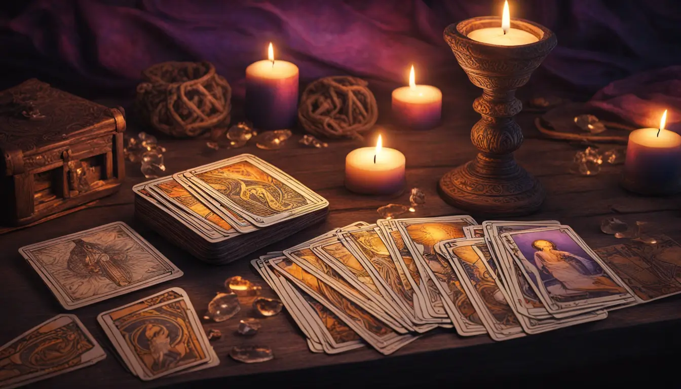 Mesa com cartas de Tarot de Marselha, uma vela acesa, um cristal roxo e uma xícara de chá, ideal para postagem sobre orientação com Tarot.