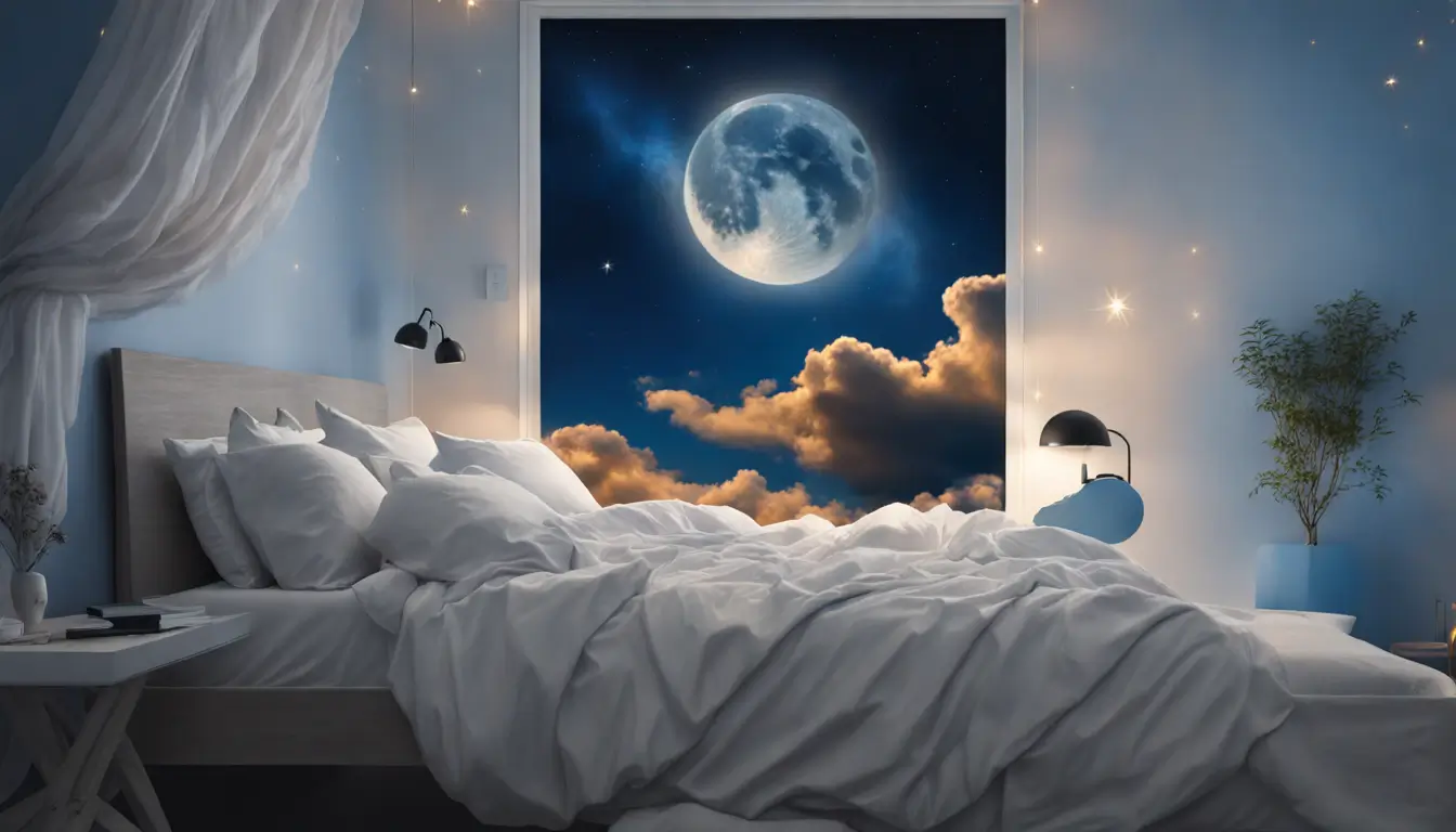 Pessoa deitada em cama azul com cobertor branco, cercada por nuvens coloridas e lua cheia no céu estrelado, relógio de ouro flutuando ao lado.