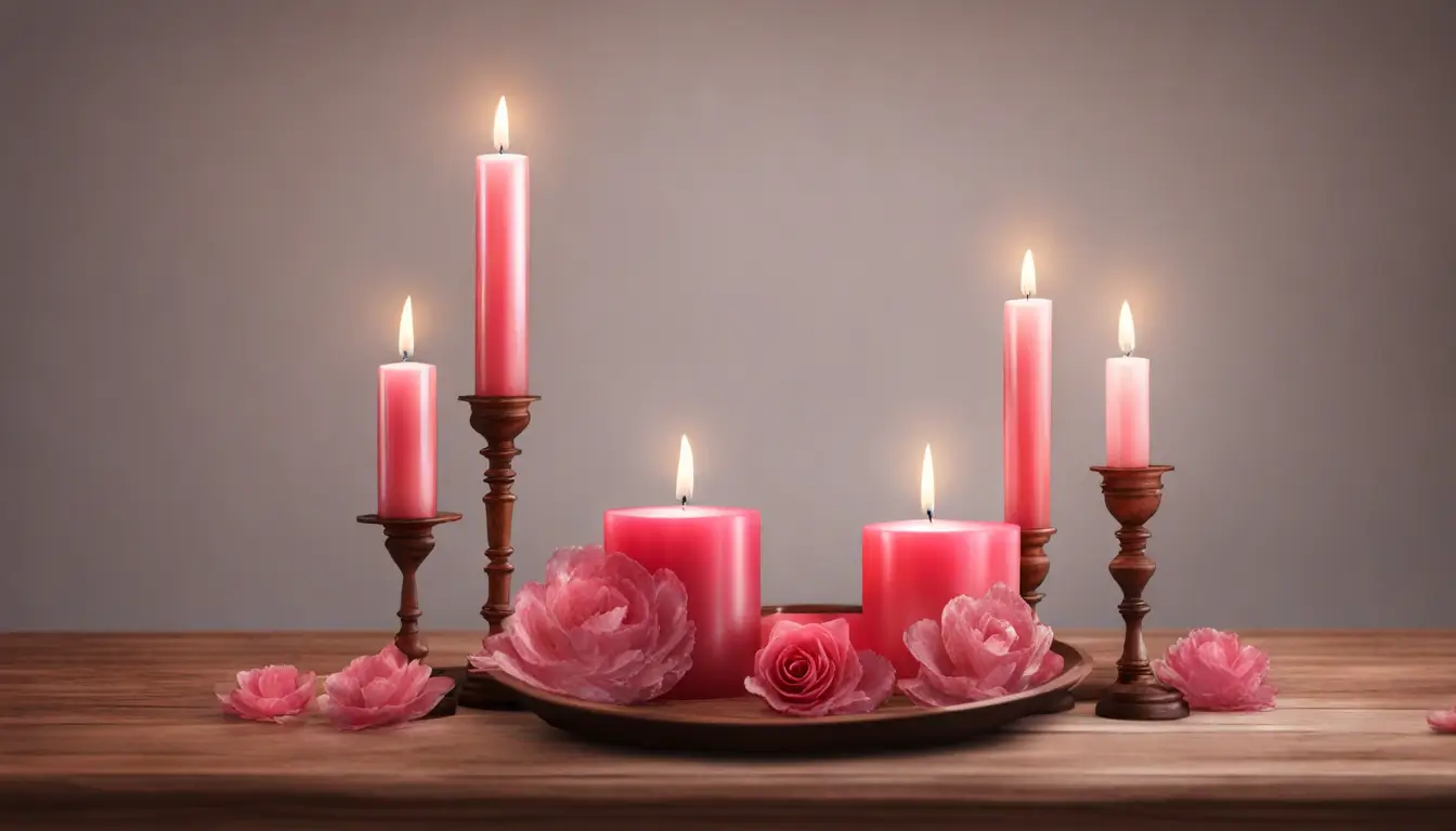 Casal em uma mesa rústica cercado por velas vermelhas acesas, pétalas de rosa e uma tigela de cristal com água, simbolizando rituais de amor.