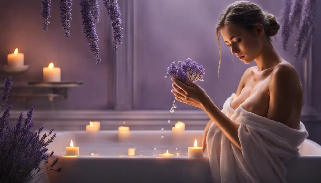 Mulher realizando um banho de ervas para limpeza espiritual, rodeada por alecrim e lavanda, com velas acesas em um banheiro aconchegante.