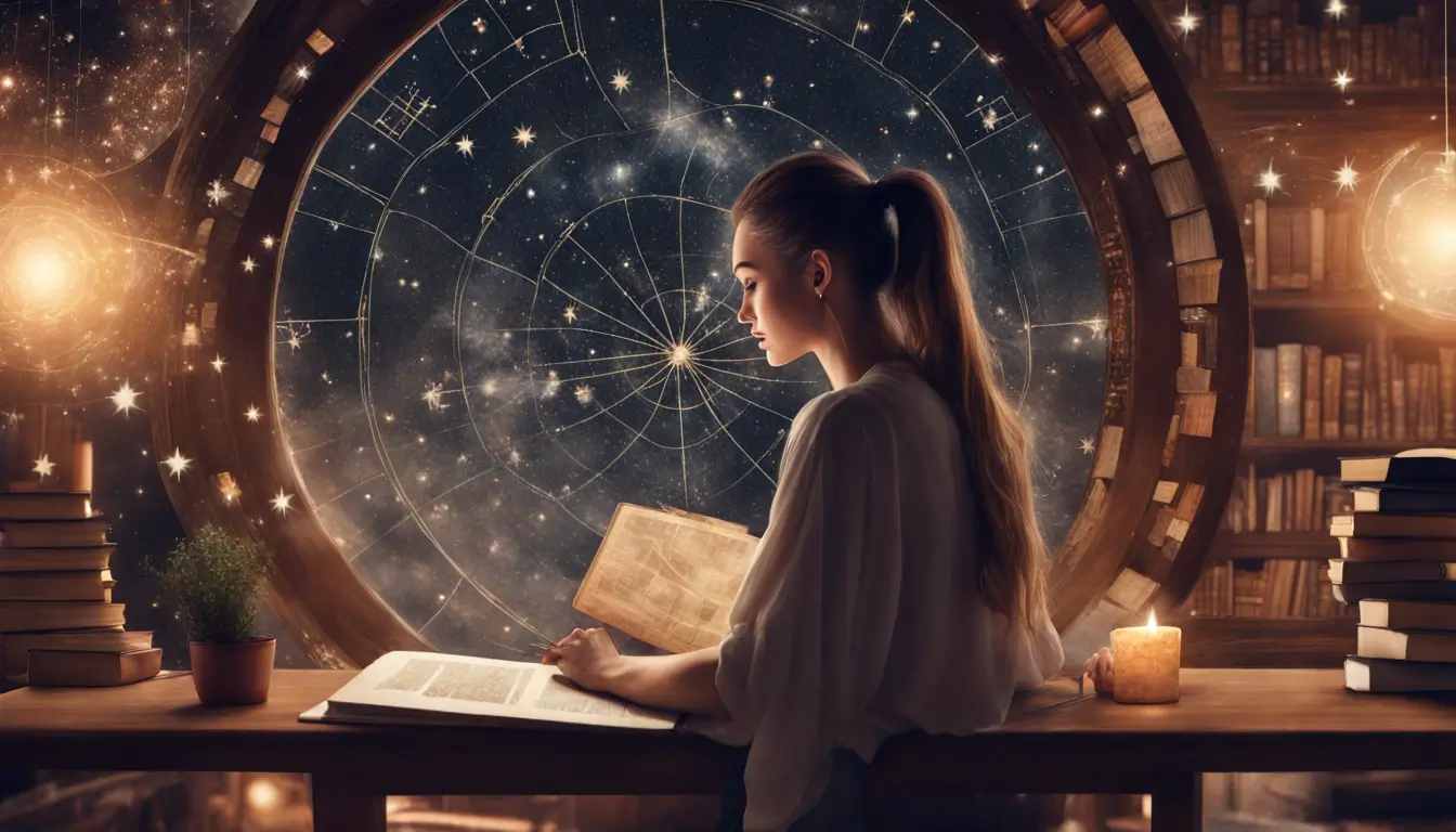 Mulher consultando mapa astral em mesa redonda com livros de astrologia e laptop, noite estrelada visível pela janela ao fundo, tema de astrologia e sucesso.