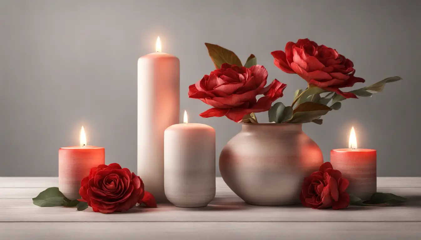 Mesa de madeira com velas e flores vermelhas, coração de papel e foto de casal sorrindo, representando simpatias de amor para reconquistar um relacionamento.