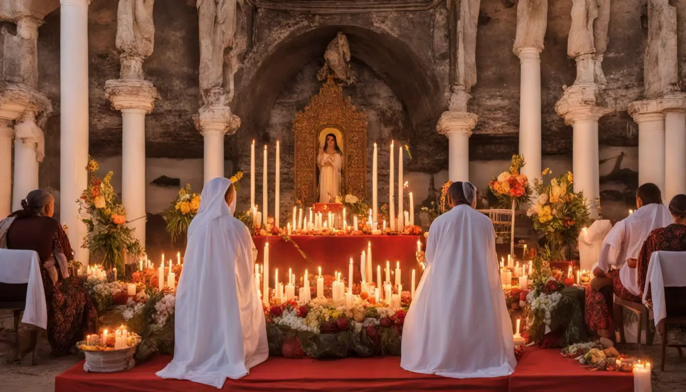 Ritual de Umbanda em um terreiro com altar, velas acesas, oferendas, pessoas em roupas brancas e um pai de santo segurando bastão, à noite.