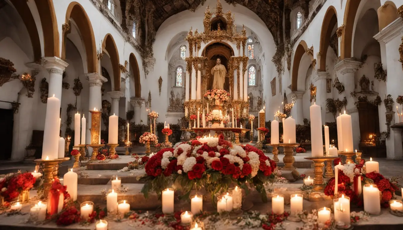 Pai de santo e praticantes em um terreiro de Umbanda, com altar decorado com velas, flores e imagens de orixás, explorando rituais e significados.