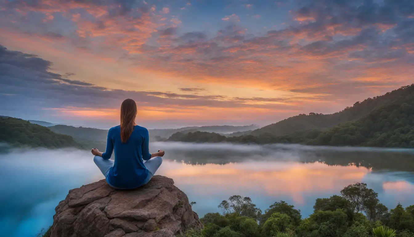 Pessoa meditando em posição de lótus com cristais e velas, cenário de natureza ao entardecer, simbolizando autoconhecimento e técnicas espirituais.