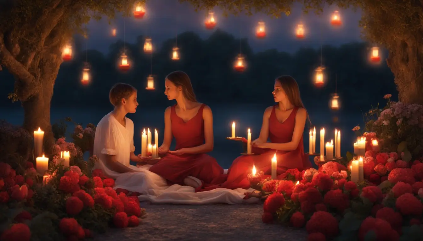 Duas pessoas de mãos dadas ao redor de um altar com flores vermelhas, velas acesas e cristais, em um jardim iluminado por velas e uma lua cheia ao fundo.