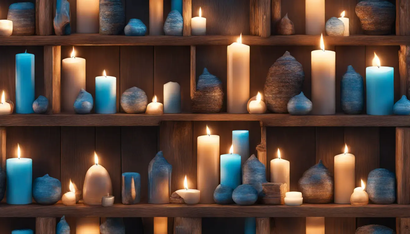 Mesa de madeira escura com búzios, velas acesas e cristais coloridos, fundo de tecido azul claro, representando a consulta ao oráculo.