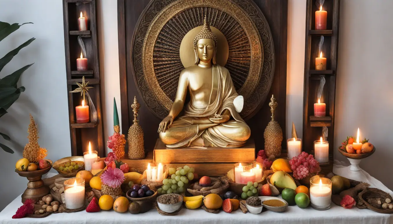 Altar espiritual com estátua de Buda dourada, velas acesas, frutas frescas, cristais de quartzo, incenso e tigela com moedas de ouro.