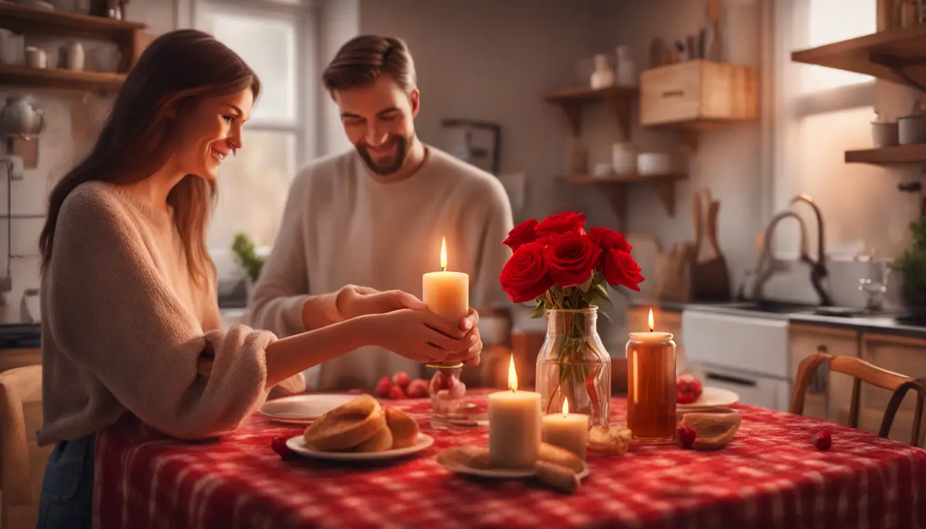 Casal de mãos dadas em uma cozinha aconchegante, com uma mesa com toalha vermelha, velas, pote de mel e buquê de rosas.