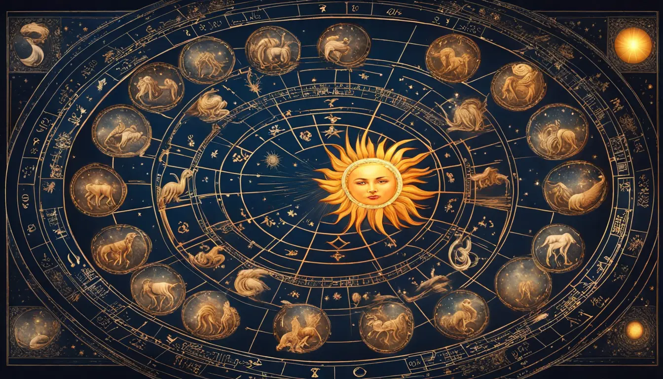 Gráfico circular do zodíaco com os doze signos astrológicos, símbolos e ilustrações, sol brilhando no centro e fundo com céu estrelado.