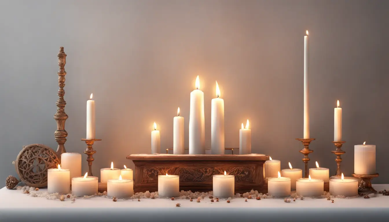 Mesa de altar espiritual com velas acesas, cristais e incensos queimando em uma toalha branca bordada.