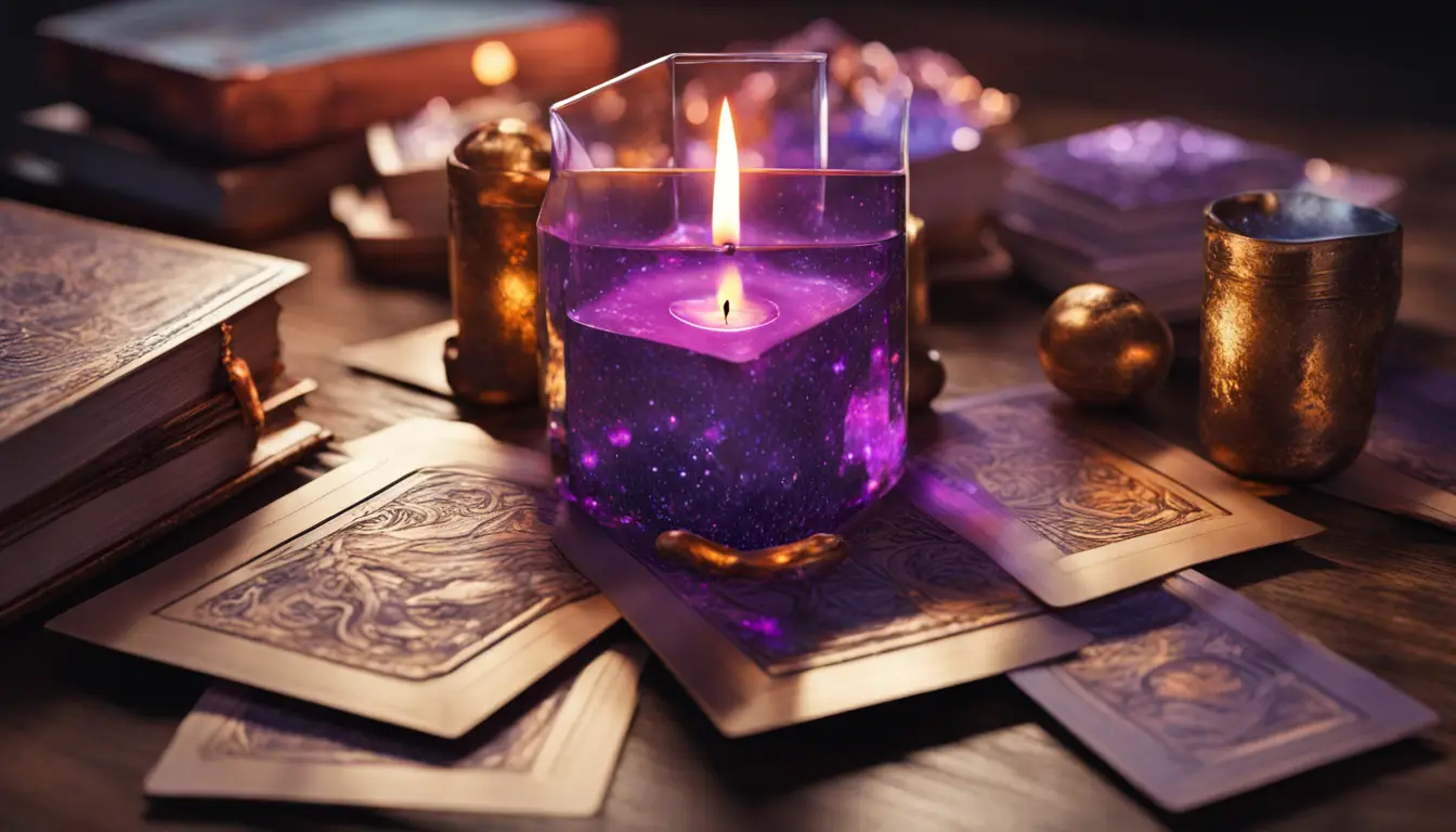 Mesa de madeira escura com cartas de tarô coloridas espalhadas, vela acesa e cristal roxo brilhante, fundo desfocado com estantes de livros.