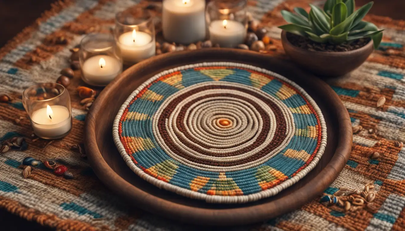 Mesa de vidente brasileira com búzios dispostos em padrão, toalha colorida, vela à direita e pequena planta à esquerda.