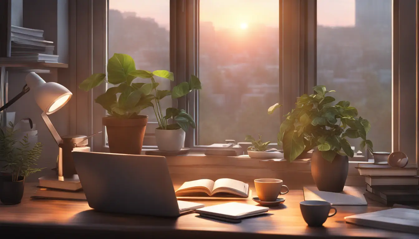 Pessoa sentada à mesa com laptop, cercada por xícara de café, caderno, planta e pilha de livros, com janela e nascer do sol ao fundo.