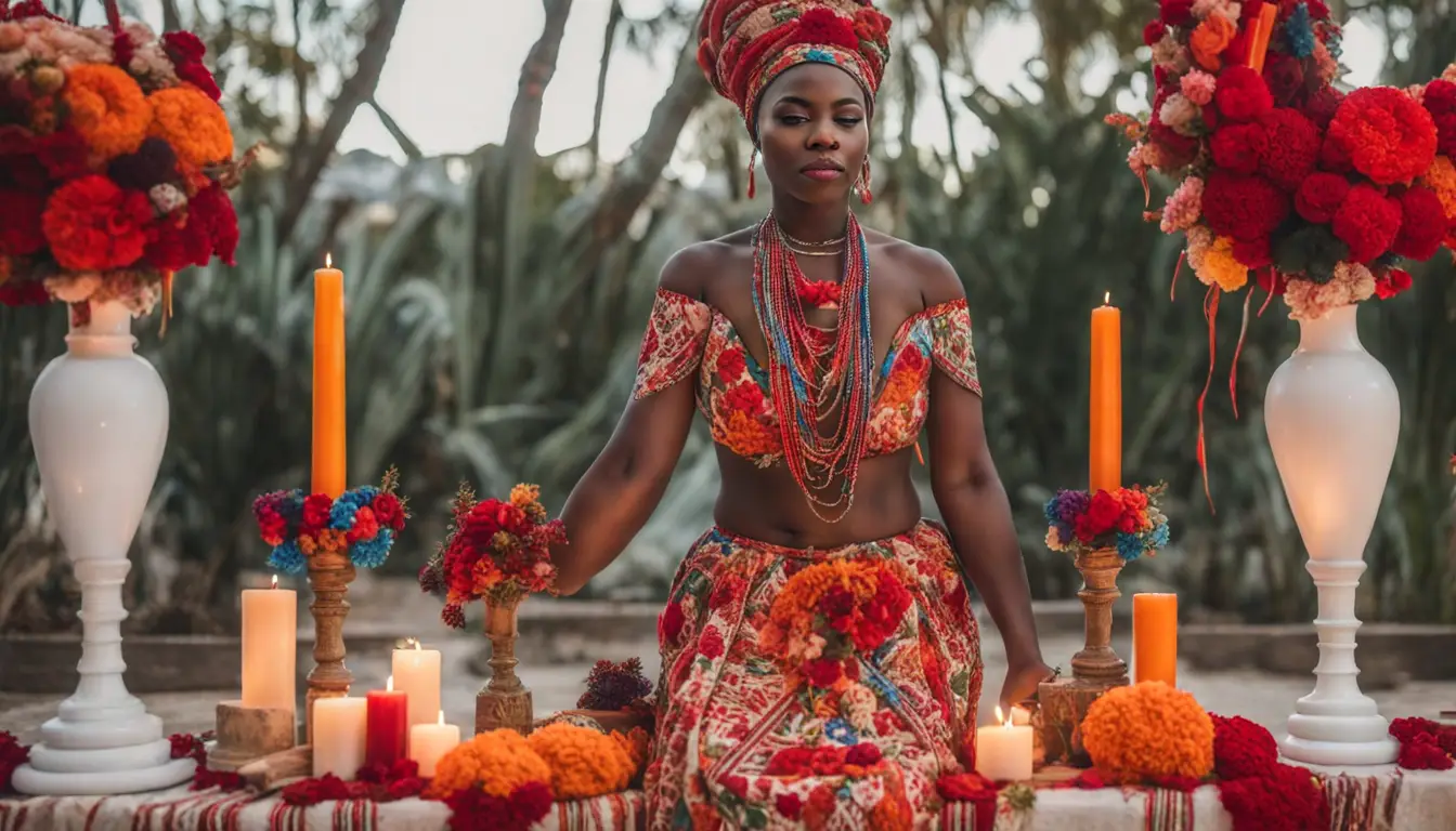 Mulher em trajes de candomblé em pé em altar com velas, flores e oferendas, segurando leque de penas coloridas.