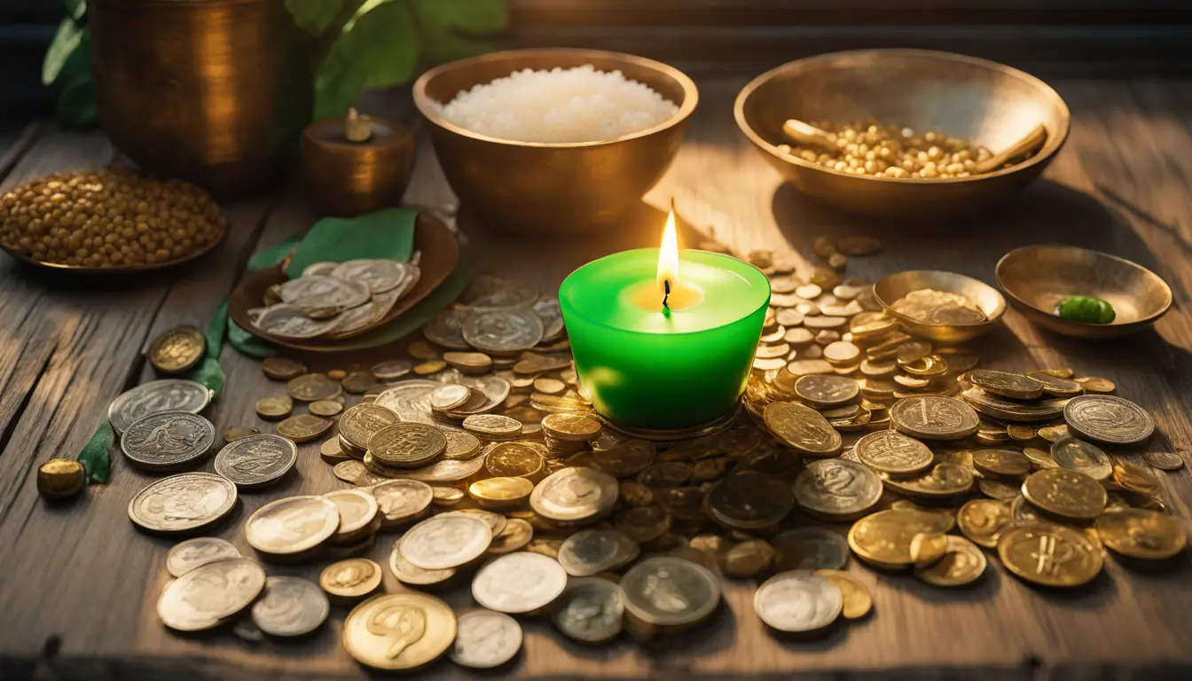 Cena com vela verde, moedas, notas, amuleto dourado e tigela de arroz sobre mesa de madeira iluminada por luz solar.