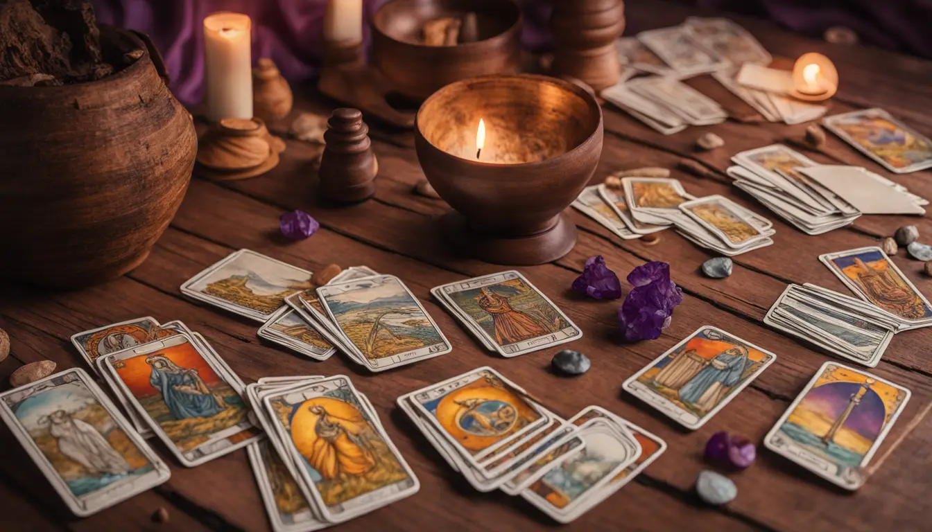 Cartas de tarot coloridas dispostas em mesa de madeira, com vela acesa e fundo de veludo roxo.