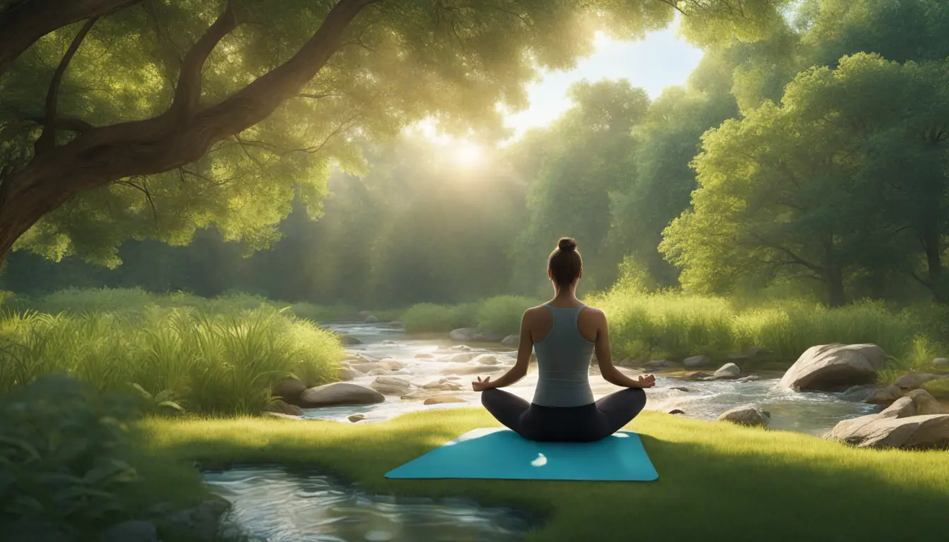 Pessoa meditando em um tapete verde cercado por árvores e riacho, com o céu azul claro e luz solar suave.