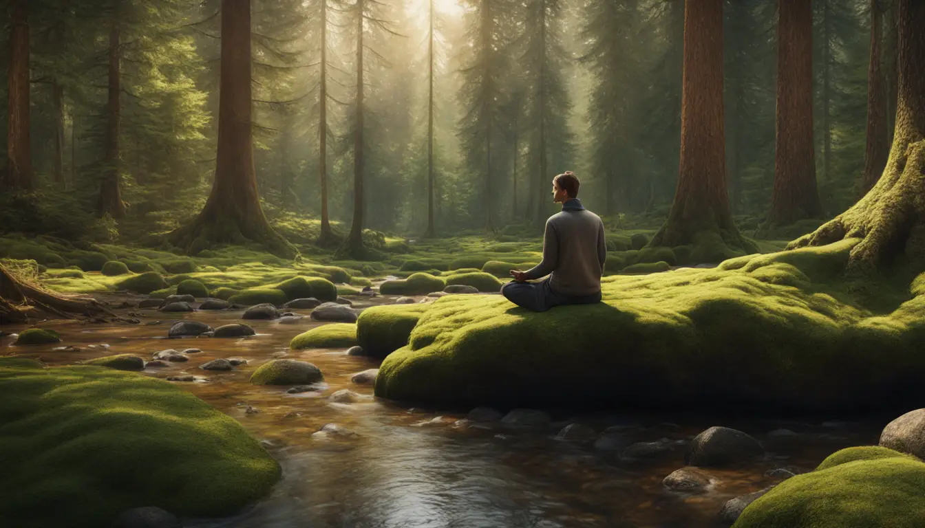 Pessoa meditando em uma pedra coberta de musgo em uma clareira de floresta com árvores altas e um riacho.