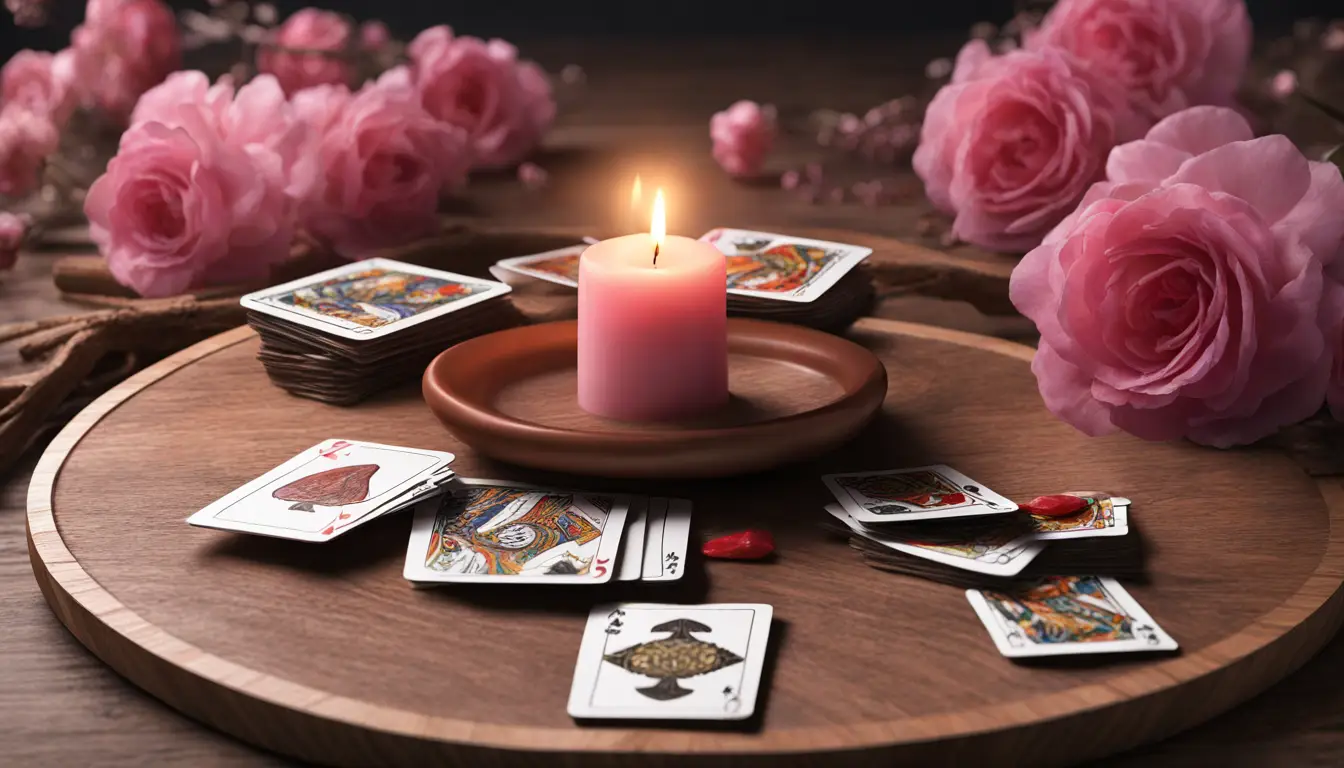 Mesa redonda com baralho esotérico, cartas coloridas, velas acesas e cristais de quartzo rosa e ametista.