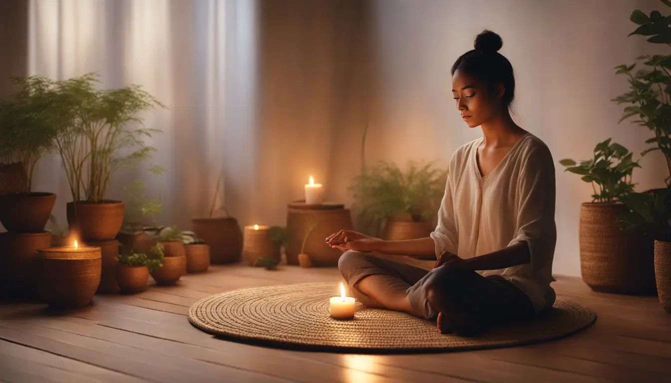 Pessoa meditando em uma sala tranquila com plantas em vasos pequenos e uma vela acesa no chão de madeira.