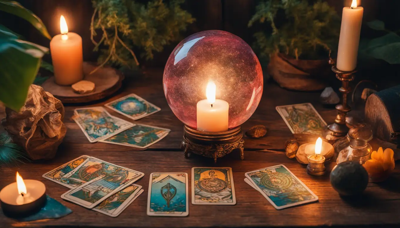 Cartas de tarot coloridas espalhadas em mesa de madeira com bola de cristal e folhagem verde.