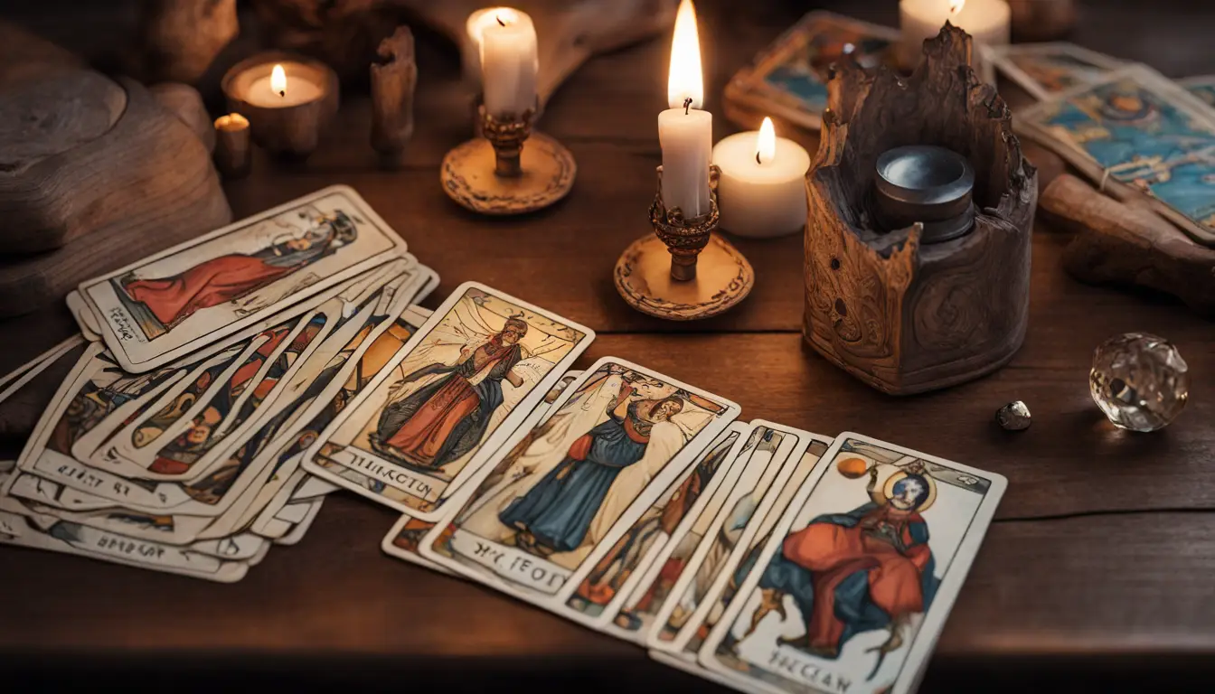 Mesa de madeira com cartas de tarô espalhadas, iluminadas por vela, com uma bola de cristal ao lado.