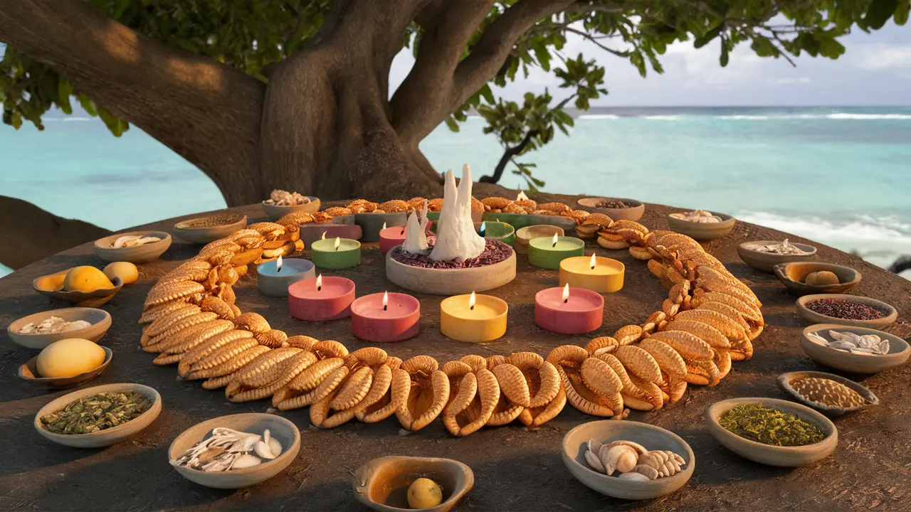 Altar espiritual com búzios dourados, velas coloridas, tigelas com ervas, frutas e conchas, sob uma árvore à beira do oceano.