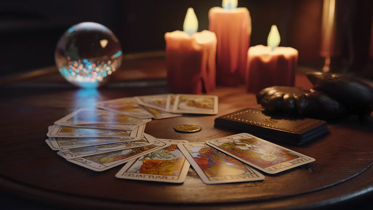 Baralho de tarô sobre mesa de madeira com bola de cristal e velas acesas ao redor.