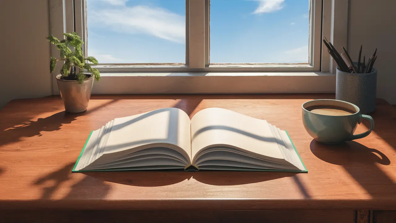 Espaço de trabalho com livro aberto, planta pequena e xícara de café sob luz do sol, com céu azul ao fundo.